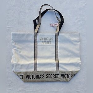 Victoria’s Secret Canvas Tote Bag Metallic Gold Accent Glitter Glam 18x13x6" New